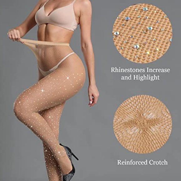 CHRLEISURE Women's Sparkle Rhinestone Fishnets Sexy Tights High Waist OS - Picture 5 of 12